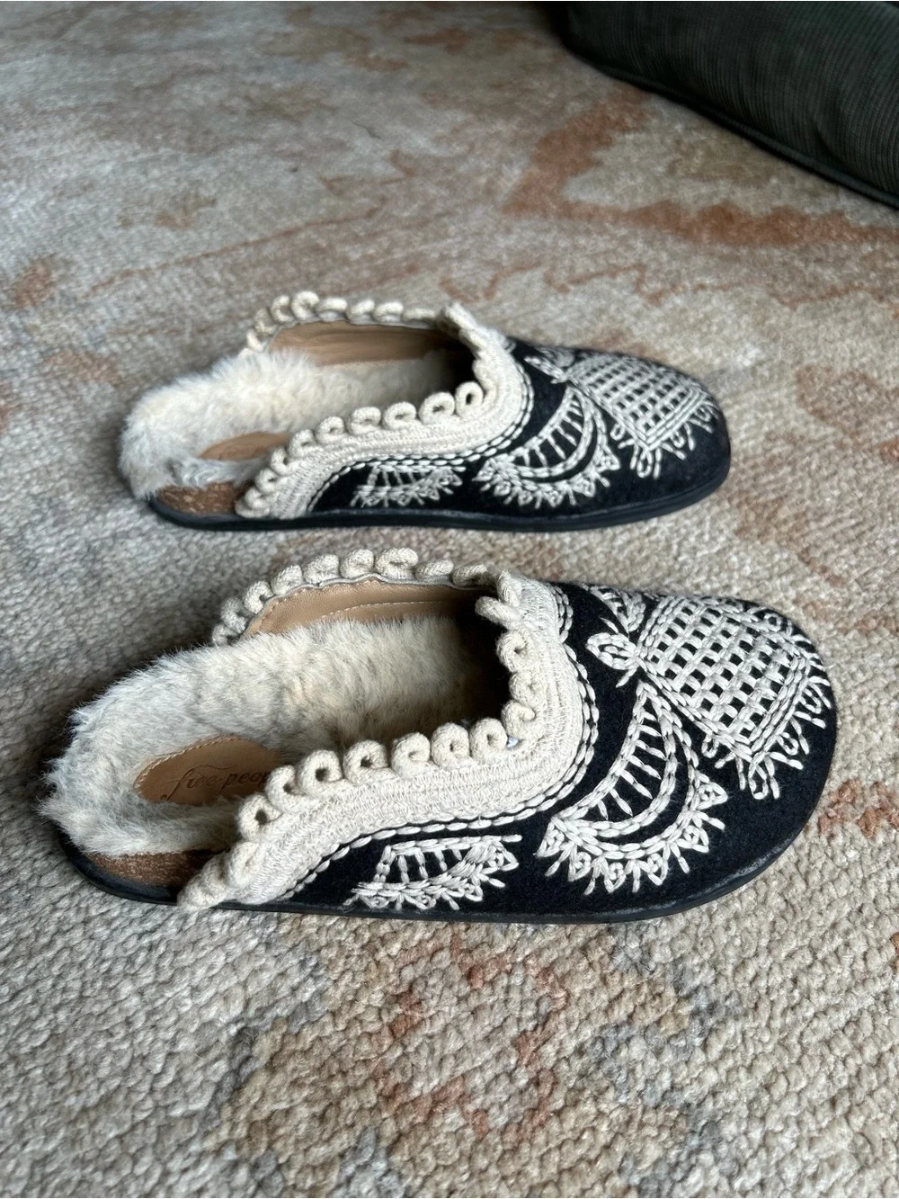 Free People Brown Embroidered Mules Fur Lined Boho Festival Vacation Resortwear